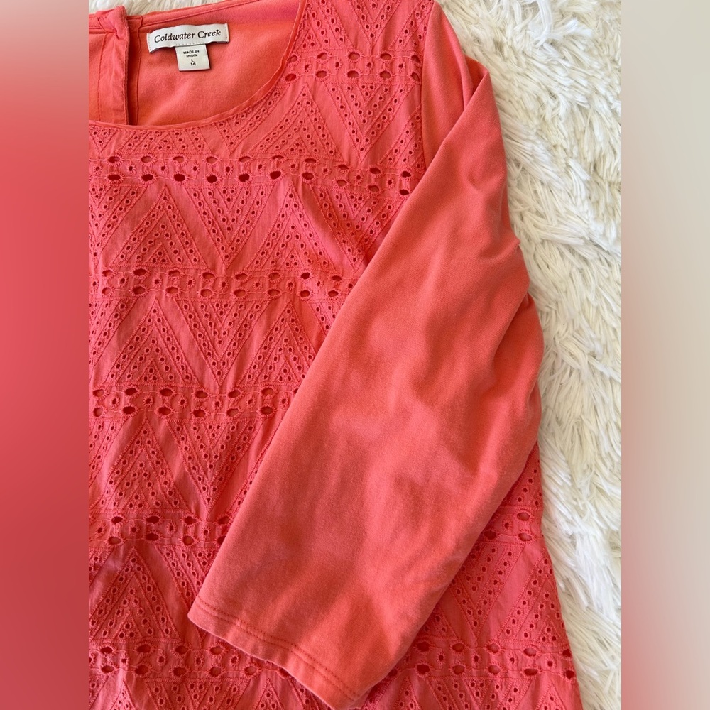Coldwater Creek | Coral Eyelet 3/4 Length Sleeve Top - Picture 4 of 9